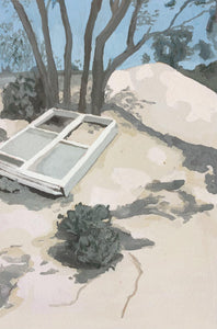 In pastel colours lies an abandoned window frame atop a sandy hill. Painted in gouache and mixed media