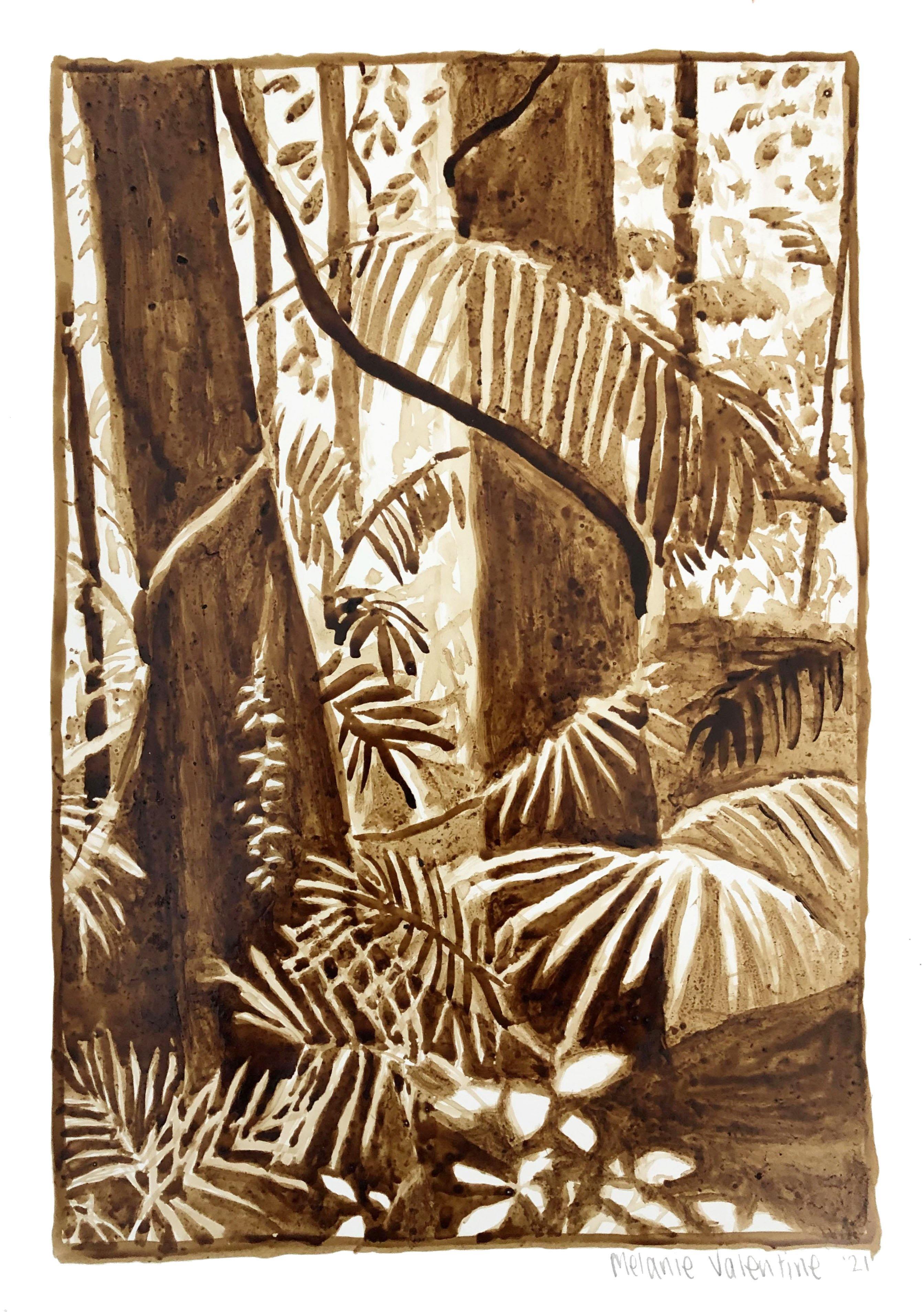 Rainforest drawing painted in sepia brown ink on A3 paper