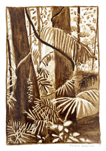 Rainforest drawing painted in sepia brown ink on A3 paper