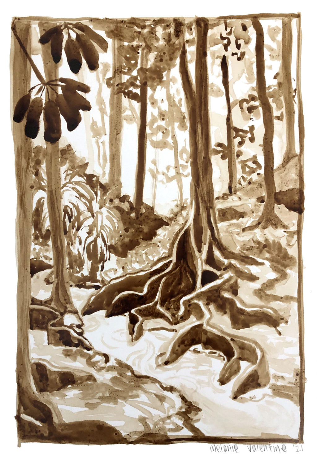 Rainforest drawing painted in sepia brown ink on A3 paper